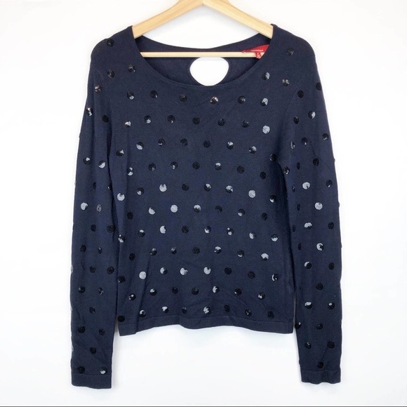 Saks Fifth Avenue Navy Blue Keyhole Sweater Sequin Polka Dot Long Sleeve Top S - Picture 1 of 5